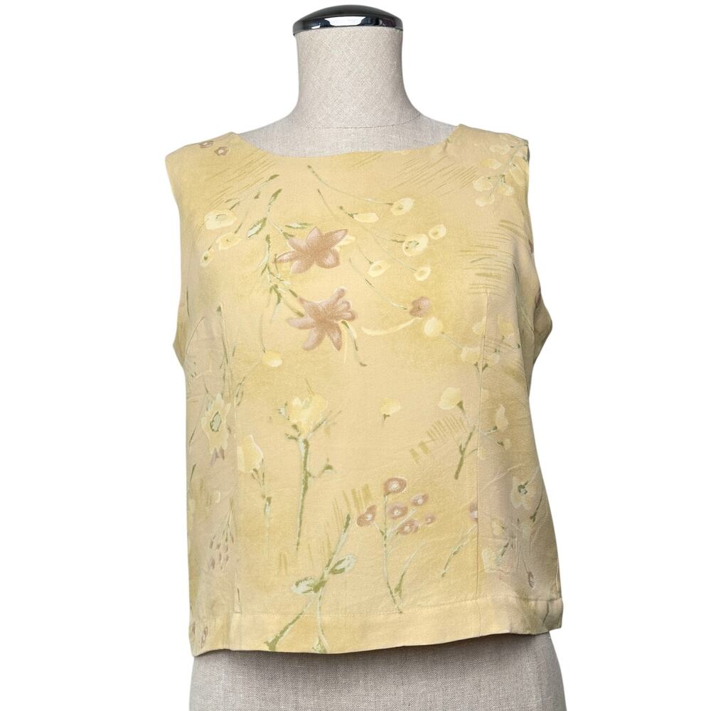 Vintage Casual Corner 100% Silk Butter Yellow Faded Floral Button Back Blouse 10